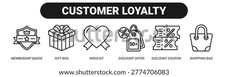 Customer Loyalty web banner icon vector illustration concept with icons of membership badge, gift box, wishlist, discount offer, discount coupon, and shopping bag.
