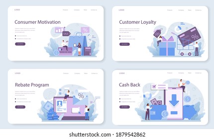 Banner web de fidelización del cliente o conjunto de páginas de inicio. Desarrollo de programas de marketing para la retención de clientes. Idea de comunicación y relación con los clientes. Ilustración vectorial plana