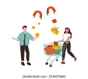 Customer magnet or marketing to attract customer back to buy again, retention or sale strategy to draw client, advertising campaign concept, store owner hand with horseshoe magnet to attract customers