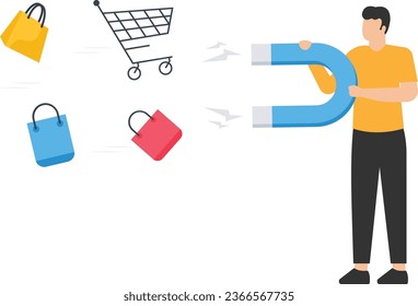 Customer magnet or marketing, Attract customer back to buy again, Retention or sale strategy to draw client, Advertising campaign, Hand with horseshoe, Magnet to attract customers

