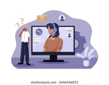 Customer makes a call while a service agent responds on a large monitor behind them. Customer service vector illustration