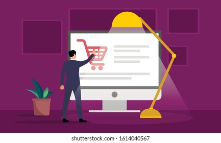 Customer makes a purchase in an online store. Marketing concept. Flat design vector illustration.
