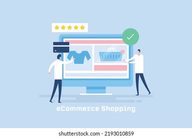 Customer making online purchase from ecommerce website, Secure checkout, eCommerce marketing - flat design vector illustration with characters