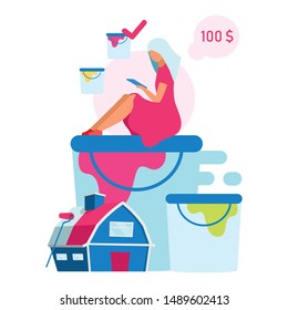 Customer making paint choice flat vector illustration. Woman choosing color for building painting cartoon character. Online shopping, digital purchase. Home service and house renovation