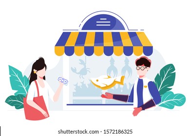 Customer making a purchase at local seafood shop. Helpful shopkeeper wearing rubber gloves packs fresh fish in a store.
