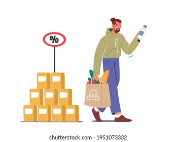 Customer Male Character with Eco Bag in Hands Visiting Grocery or Supermarket for Buying Goods. Man Holding Paper Package with Food, Purchase Products in Market Store. Cartoon Vector Illustration