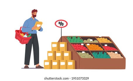 Customer Male Character Visiting Grocery or Supermarket Choose Goods and Put in Shopping Basket. Man Holding Package in Hands Choose Products for Purchase in Market Store. Cartoon Vector Illustration