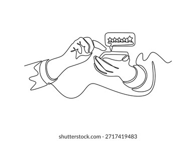 Mano del hombre del Cliente que presiona en la pantalla del smartphone con el Comentarios de la calificación de cinco estrellas. Concepto de evaluación comparativa. Diseño de dibujo de línea única. Ilustración gráfica de Vector