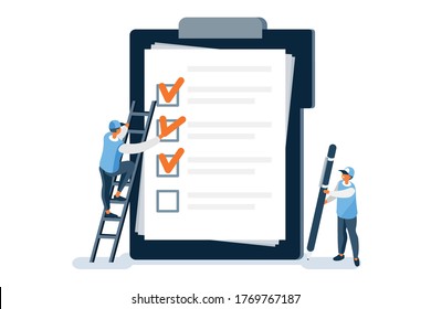 Customer Man marks a form to test the experience. Man test people on a form with characters and marks for filling, boy check customer survey check fill. Character cartoon concept isometric Vector.