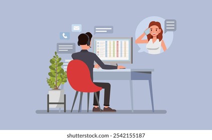 Representante de servicio de hombre Cliente que asiste a un cliente por teléfono o a través del diseño de Ilustración vectorial de personajes de chat. Concepto de interacción de Servicio al cliente.