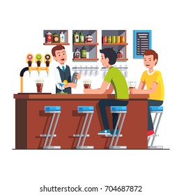 Customer man sitting at counter, drinking alcohol. Pub bartender serving client. Barman making cocktail using shaker. Bar with beer tap pump, stools, shelves, bottles. Flat cartoon vector illustration