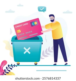 Customer man throws a credit card into the trash can. Male character get rid from loans addiction. Freedom from loans and debts. Stop spending money. flat vector illustration