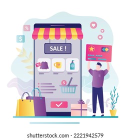 Un hombre cliente usa un smartphone y elige varias cosas en la tienda online. Pago con tarjeta de crédito. E-shop ofrece diferentes productos, ventas, descuentos. Comercio electrónico, aplicación para comprar en pantalla móvil. Vector