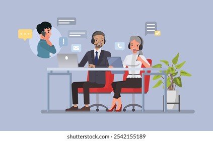 Cliente hombre y mujer Representante de servicio que ayuda a un cliente por teléfono o a través de chat diseño de Ilustración vectorial de personajes. Concepto de interacción de Servicio al cliente.