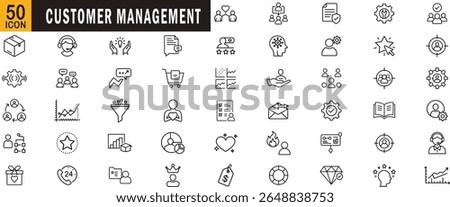 Customer management editable outline icon set. Support, service, communication, loyalty, analytics and more.

