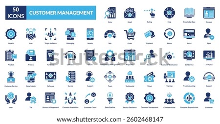 customer management fill icon set collection. account, agent, analytics, support, customer, data, email, rating, help, knowledge base