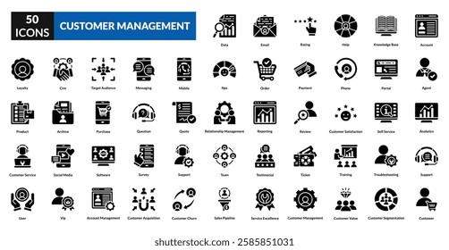customer management glyph icon set collection. account, agent, analytics, support, customer, data, email, rating, help, knowledge base