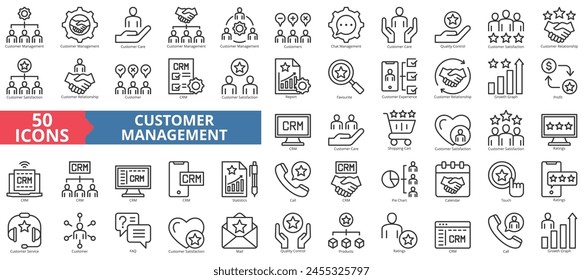 Customer management icon collection set. Containing care, chat, quality control, satisfaction, relationship, crm, report icon. Simple line vector.