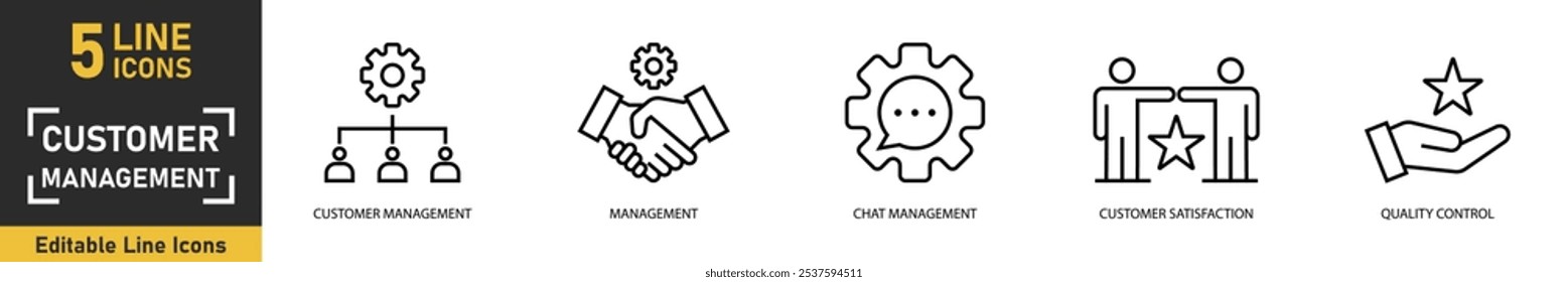 Conjunto de iconos de línea de administración de Clientes. Conjunto de 5 iconos de esquema relacionados con la gestión de Clientes, gestión, gestión de chat, satisfacción del Cliente, control de calidad y más. Ilustración vectorial.