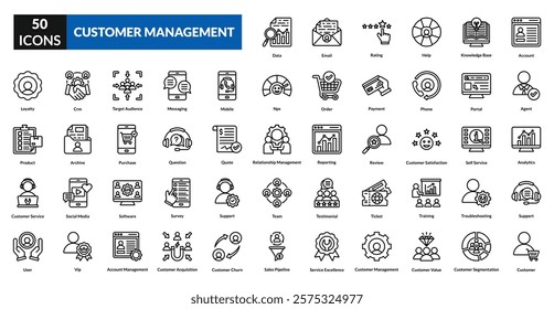 customer management line icon set collection. account, agent, analytics, support, customer, data, email, rating, help, knowledge base