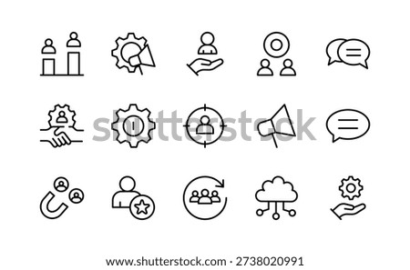Customer Management line icon set. CRM, customer data, relationship, analytics, marketing, support, sales pipeline, client management icons vector illustration. Editable pixel-perfect stroke icon