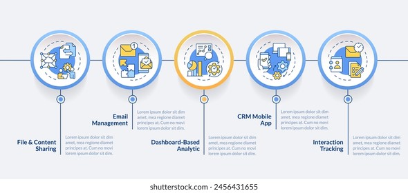 Customer management system benefits circle infographic template. Data visualization with 5 steps. Editable timeline info chart. Workflow layout with line icons