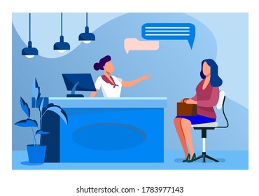 Customer and manager talking at reception desk. Clinic, consultation, reservation flat vector illustration. Communication, service concept for banner, website design or landing web page
