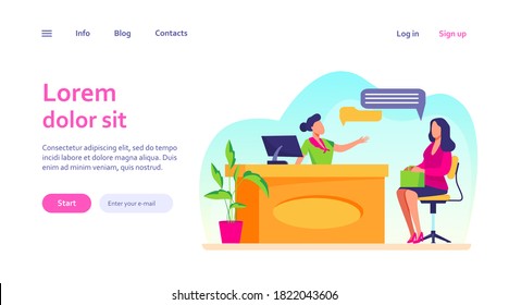 Customer And Manager Talking At Reception Desk. Clinic, Consultation, Reservation Flat Vector Illustration. Communication, Service Concept For Banner, Website Design Or Landing Web Page