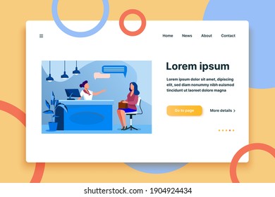 Customer and manager talking at reception desk. Clinic, consultation, reservation flat vector illustration. Communication, service concept for banner, website design or landing web page