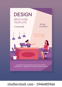 Customer and manager talking at reception desk. Clinic, consultation, reservation flat vector illustration. Communication, service concept for banner, website design or landing web page