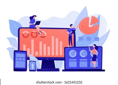 Customer managers working with customers pie charts and devices. Customer segmentation, internet marketing tool, target audience collection concept. Pinkish coral bluevector isolated illustration