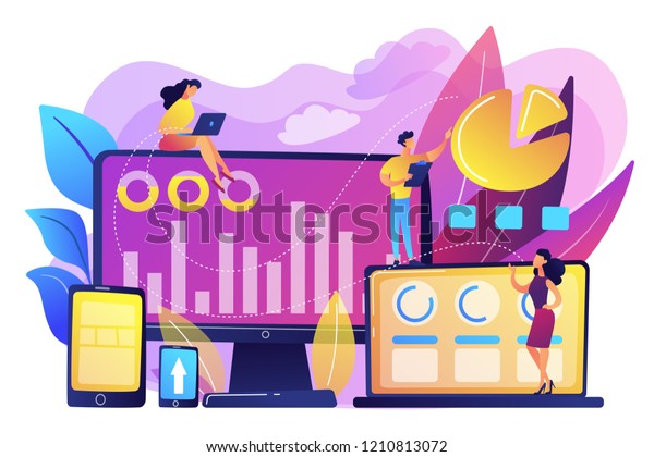 Customer managers working with customers pie\
charts and devices. Customer segmentation, internet marketing tool,\
target audience collection concept. Bright vibrant violet vector\
isolated illustration