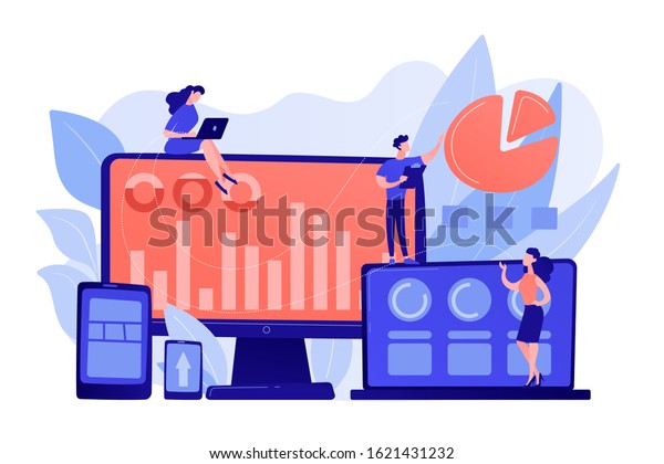 Customer managers working with customers pie\
charts and devices. Customer segmentation, internet marketing tool,\
target audience collection concept. Pinkish coral bluevector\
isolated illustration
