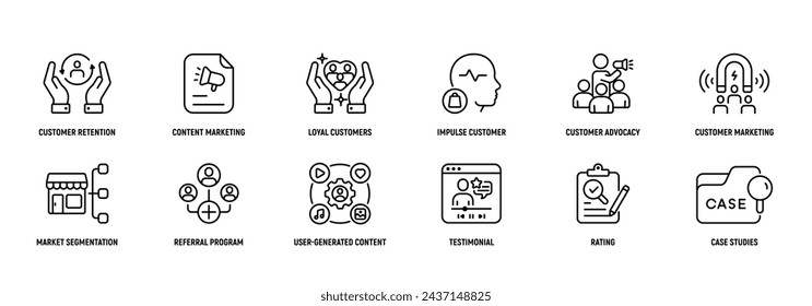 Customer Marketing icon Line Icon Set, Editable Stroke. Customer, Retention, Content, Loyal,  Impulse, Strategy.