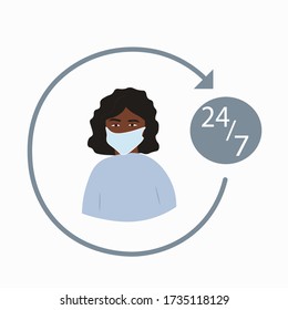 Customer medical service icon. Nurse support assistance sign. 24h hospital avatar.Health care department aid. Black girl in mask , stock vector illustration isolated on white background