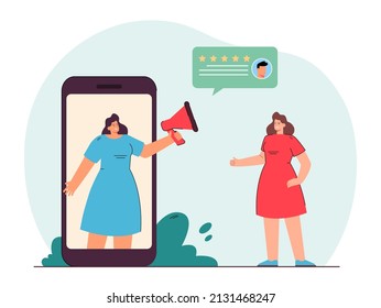 Cliente con megáfono que deja comentarios con calificación positiva. Mujer en la pantalla plana de un gran teléfono. Comentarios, marketing, concepto publicitario para banner, diseño de sitio web o página de inicio