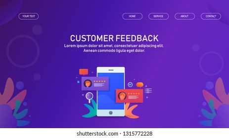 Customer message, review, rating, on mobile phone screen, flat design conceptual banner with icons