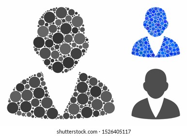 Customer mosaic for customer icon of round dots in variable sizes and color hues. Vector dots are grouped into blue mosaic. Dotted customer icon in usual and blue versions.