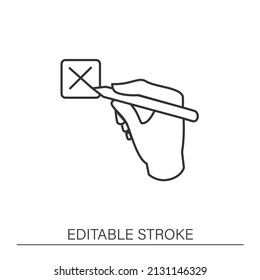  Customer negative feedback line icon. Finger writing cross by hand. Negative answer button. Marketing service. Client feedback concept. Isolated vector illustration. Editable stroke