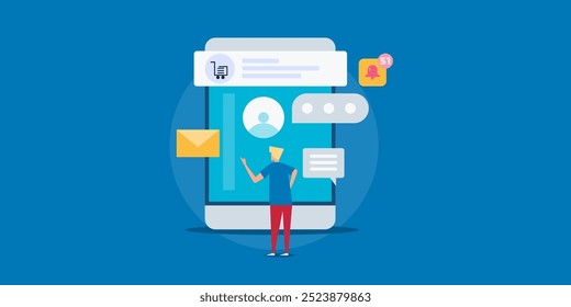 Cliente en el móvil, Envío de mensajes al Cliente, Estrategia de marketing de comercio electrónico, CRM - Ilustración vectorial con carácter e íconos