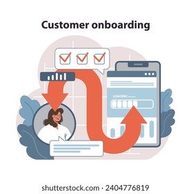 Customer onboarding concept. Efficient digital process guiding a new user through initial setup, ensuring smooth transition with interactive interface steps. Streamlined introduction. Flat vector.