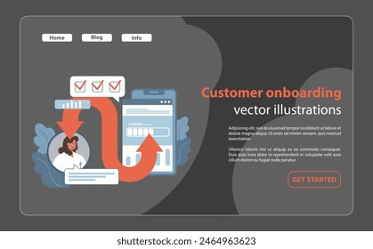 Customer onboarding concept. Efficient digital process guiding a new user through initial setup, ensuring smooth transition with interactive interface steps. Streamlined introduction. Flat vector.