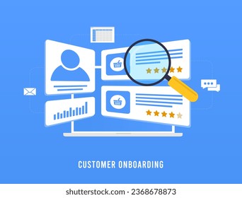 Customer onboarding process concept. User profile segmentation, client relationship, customer onboarding profile management concept. User onboarding vector illustration isolated on blue background
