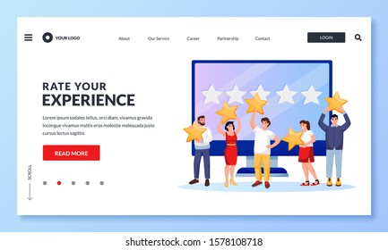 Customer online feedback and rating concept. Vector flat cartoon illustration for web landing page, banner, poster design. Diversity people with rate stars make review.