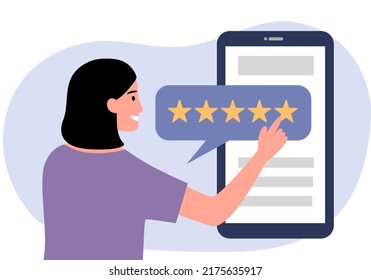 Customer online feedback review five stars rating via smartphone screen in flat design.