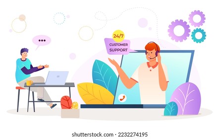 Customer online modern technology support, mobile phone remote assistance application flat vector illustration, isolated on white.