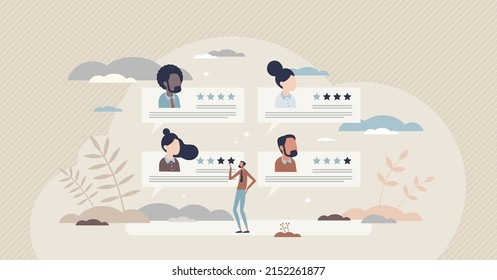 Customer online reviews about product satisfaction tiny person concept. Purchase quality evaluation and rating comparison with stars review vector illustration. User performance experience survey.