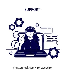 Customer and operator concept, 24-7 online technical support for web page. A woman hotline operator consults a client. Online assistant, virtual helpdesk. Vector illustration