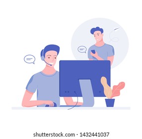 Customer and operator, online support 24-7 concept. Hotline operator advises client. Online assistant, virtual help service. Trendy flat style. Vector illustration.