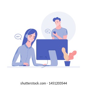 Customer and operator, online support 24-7 concept. Hotline operator advises client. Online assistant, virtual help service. Trendy flat style. Vector illustration.